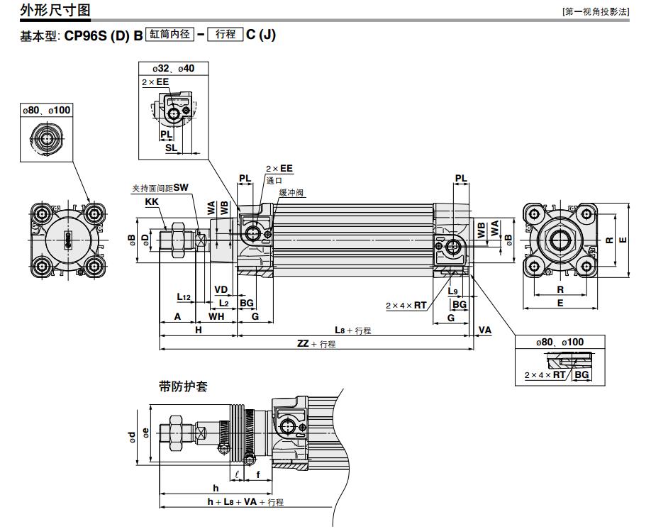 SMC CP96SDB80-500C 缸径80mm 行程500mm 双作用方形标准气缸
