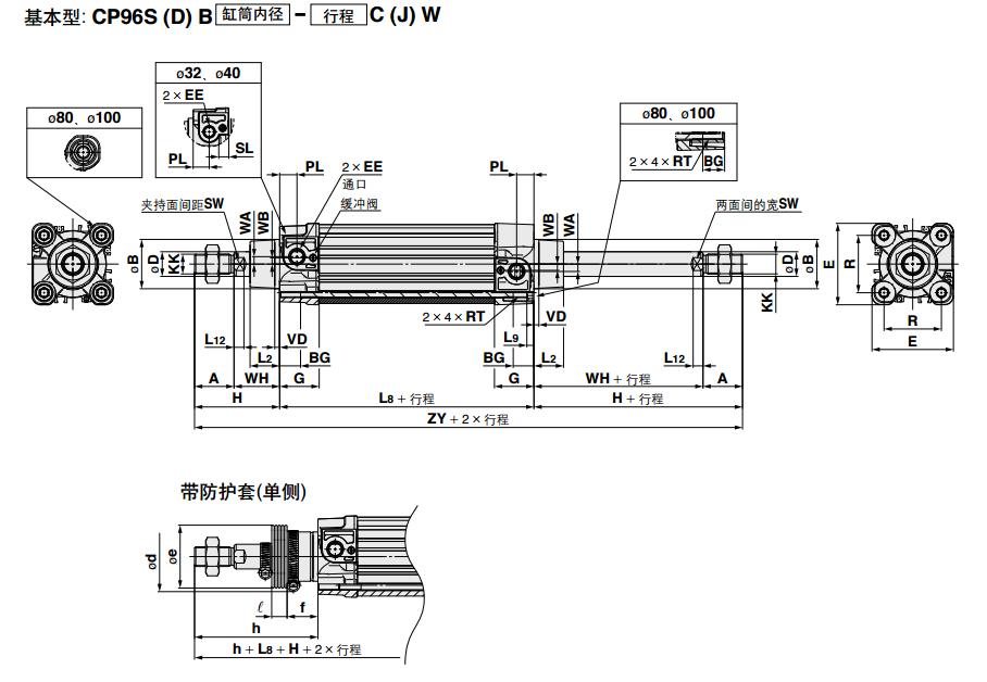 SMC CP96SDB80-500C 缸径80mm 行程500mm 双作用方形标准气缸
